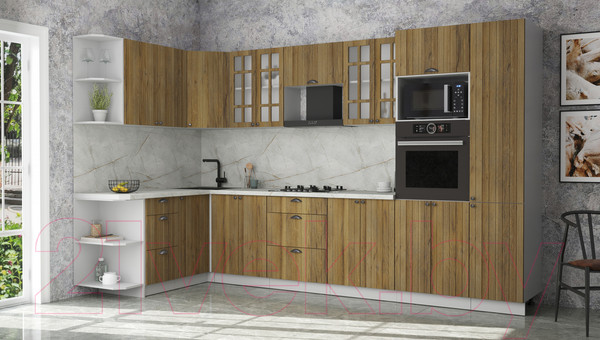 Изображение товара Кухонный гарнитур Интерлиния Берес 1.68x3.4 ВТ левая (дуб вотан/дуб вотан/серый каспий)