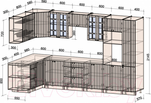Изображение товара Кухонный гарнитур Интерлиния Берес 1.68x3.4 ВТ левая (дуб вотан/дуб вотан/серый каспий)