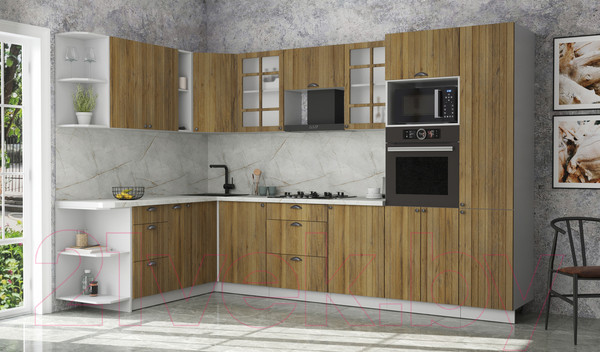 Изображение товара Кухонный гарнитур Интерлиния Берес 1.88x3.2 ВТ левая (дуб вотан/дуб вотан/серый каспий)