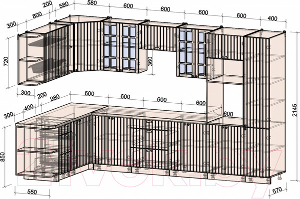 Изображение товара Кухонный гарнитур Интерлиния Берес 1.88x3.4 ВТ левая (дуб вотан/дуб вотан/серый каспий)
