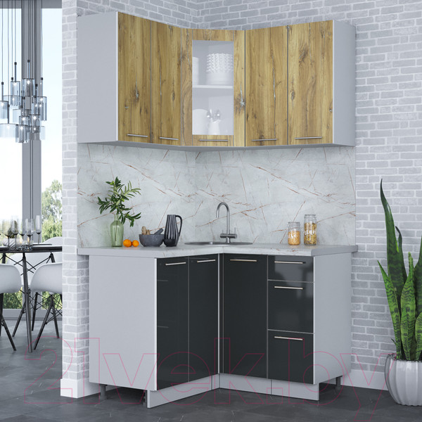 Изображение товара Кухонный гарнитур Интерлиния Мила Пластик 1.2x1.2 (дуб эпоксид/антрацит/серый каспий)