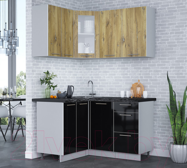 Изображение товара Кухонный гарнитур Интерлиния Мила Пластик 1.2x1.4 (дуб эпоксид/черный/кастилло темный)