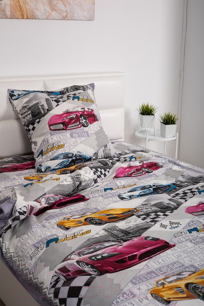 Изображение товара Комплект постельного белья Milanika Форсаж 1.5сп подростковый с наволочкой 70x70 (бязь)