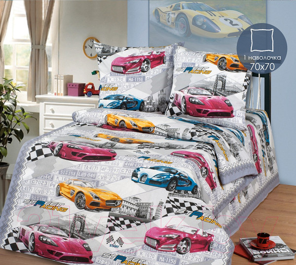 Изображение товара Комплект постельного белья Milanika Форсаж 1.5сп подростковый с наволочкой 70x70 (бязь)