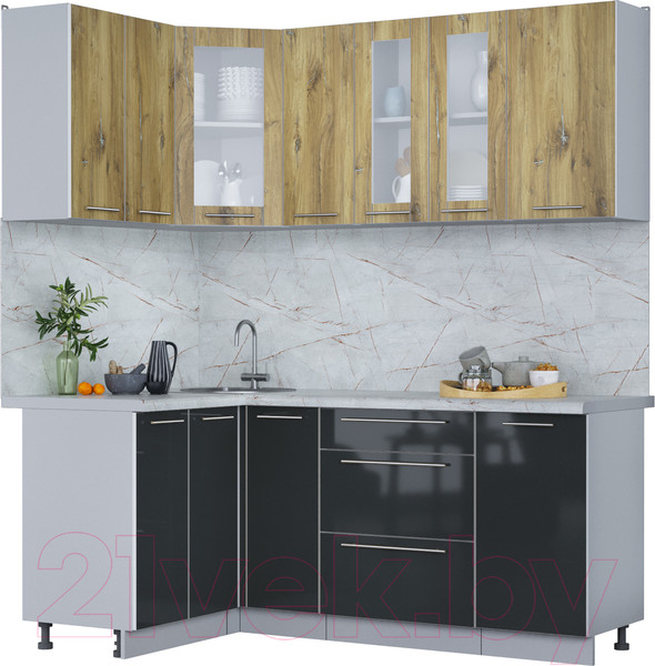 Изображение товара Кухонный гарнитур Интерлиния Мила Пластик 1.2x1.9 (дуб эпоксид/антрацит/серый каспий)