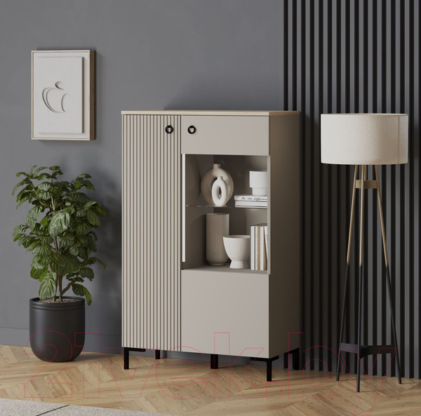 Изображение товара Шкаф с витриной Black Red White Domenica REG1D1W/140 с подсветкой (глиняный серый/дуб сильвержек ореховый)