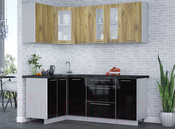 Изображение товара Кухонный гарнитур Интерлиния Мила Пластик 1.2x2.0 (дуб эпоксид/черный/кастилло темный)