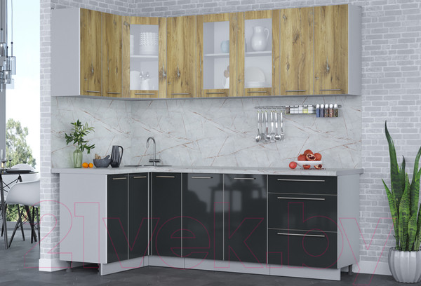 Изображение товара Кухонный гарнитур Интерлиния Мила Пластик 1.2x2.3 (дуб эпоксид/антрацит/серый каспий)