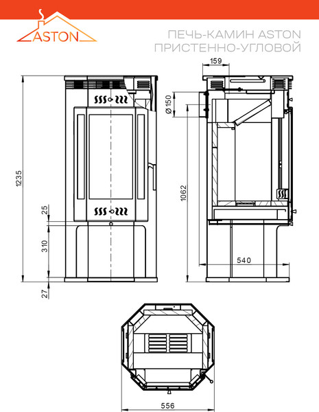 Изображение товара Печь-камин Везувий Aston 11кВт угловой 150мм (180м3)