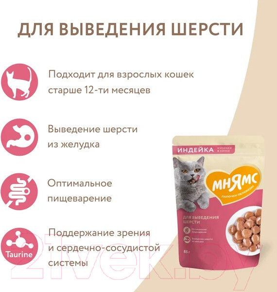 Изображение товара Влажный корм для кошек Мнямс Кусочки в соусе с индейкой для выведения шерсти / 540164 (85г)