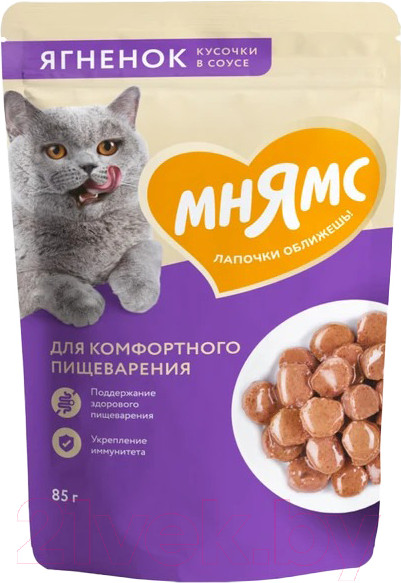 Изображение товара Влажный корм для кошек Мнямс Кусочки в соусе с ягненком для комфортного пищеварения / 540171 (85г)