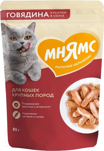 Изображение товара Влажный корм для кошек Мнямс Кусочки в соусе с говядиной для крупных кошек / 540188 (85г)