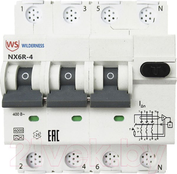 Изображение товара Дифференциальный автомат Wilderness NX6R 3P+N C6 30mA AC 6kA / NX6R-4-006C-030AC