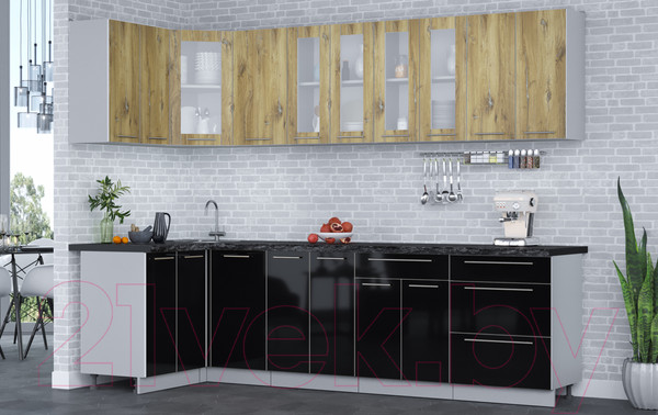 Изображение товара Кухонный гарнитур Интерлиния Мила Пластик 1.2x2.8 (дуб эпоксид/черный/кастилло темный)