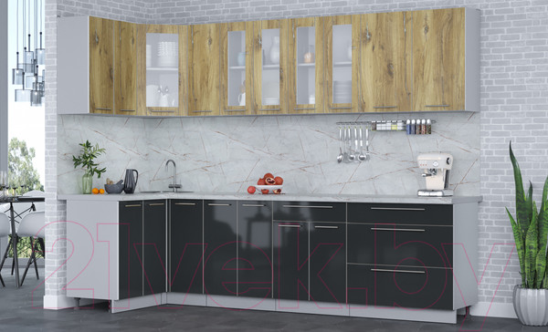 Изображение товара Кухонный гарнитур Интерлиния Мила Пластик 1.2x2.9 (дуб эпоксид/антрацит/серый каспий)