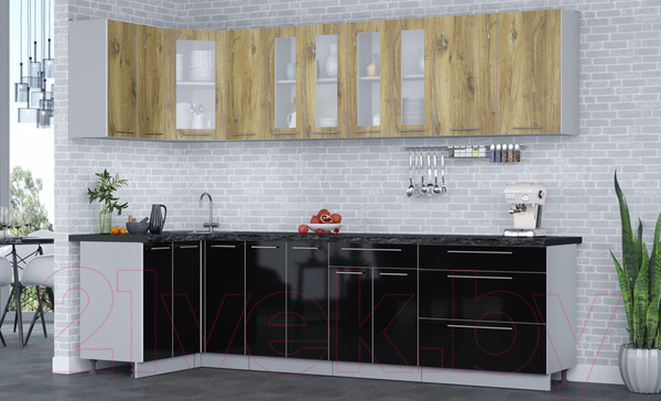 Изображение товара Кухонный гарнитур Интерлиния Мила Пластик 1.2x2.9 (дуб эпоксид/черный/кастилло темный)