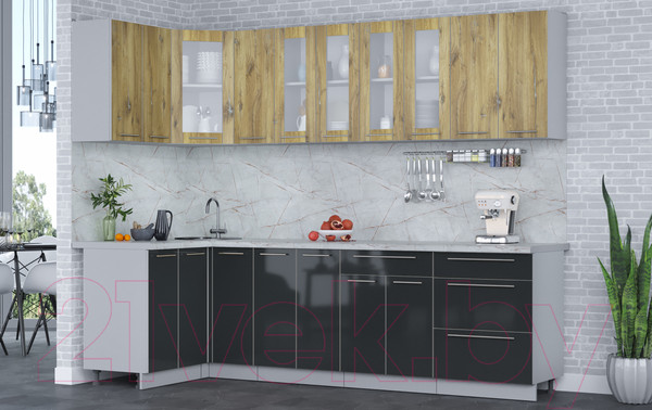 Изображение товара Кухонный гарнитур Интерлиния Мила Пластик 1.2x2.7 (дуб эпоксид/антрацит/серый каспий)