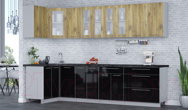 Изображение товара Кухонный гарнитур Интерлиния Мила Пластик 1.2x3.0 (дуб эпоксид/черный/кастилло темный)