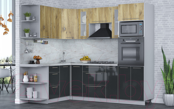 Изображение товара Кухонный гарнитур Интерлиния Мила Пластик 1.68x2.4 левая (дуб эпоксид/антрацит/серый каспий)