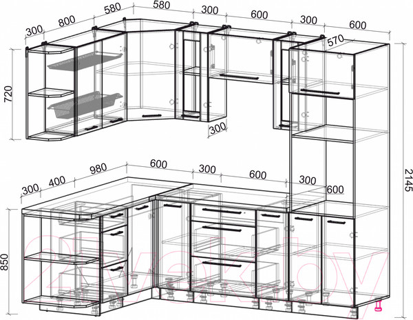 Изображение товара Кухонный гарнитур Интерлиния Мила Пластик 1.68x2.4 левая (дуб эпоксид/антрацит/серый каспий)