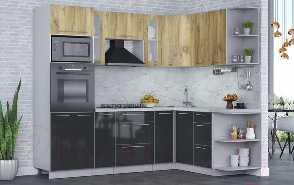 Изображение товара Кухонный гарнитур Интерлиния Мила Пластик 1.68x2.4 правая (дуб эпоксид/антрацит/серый каспий)