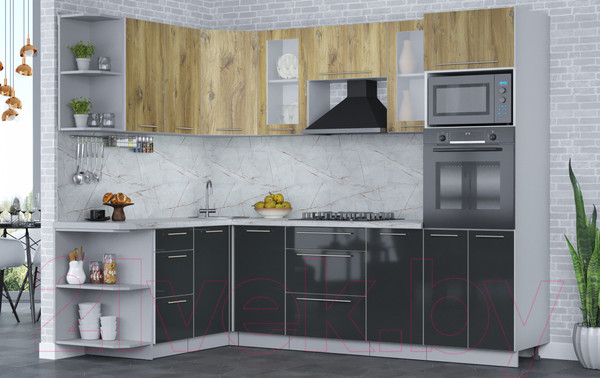 Изображение товара Кухонный гарнитур Интерлиния Мила Пластик 1.68x2.6 левая (дуб эпоксид/антрацит/серый каспий)