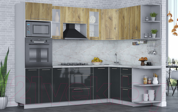 Изображение товара Кухонный гарнитур Интерлиния Мила Пластик 1.68x2.6 правая (дуб эпоксид/антрацит/серый каспий)