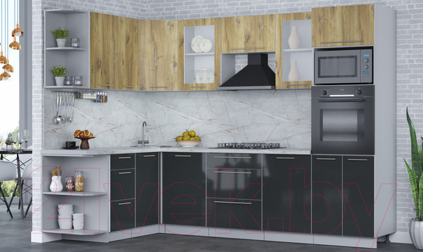 Изображение товара Кухонный гарнитур Интерлиния Мила Пластик 1.68x2.8 левая (дуб эпоксид/антрацит/серый каспий)