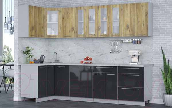 Изображение товара Кухонный гарнитур Интерлиния Мила Пластик 1.2x2.8 (дуб эпоксид/антрацит/серый каспий)