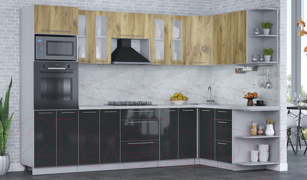 Изображение товара Кухонный гарнитур Интерлиния Мила Пластик 1.68x3.0 правая (дуб эпоксид/антрацит/серый каспий)