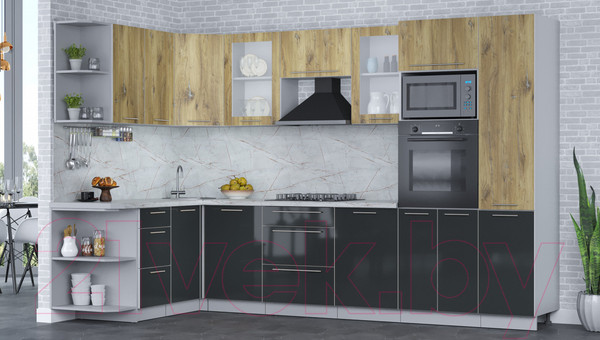 Изображение товара Кухонный гарнитур Интерлиния Мила Пластик 1.68x3.2 левая (дуб эпоксид/антрацит/серый каспий)