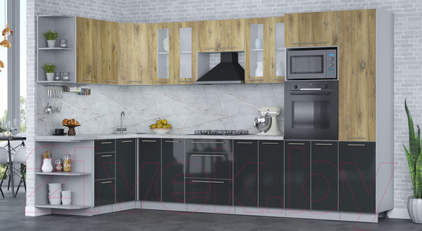 Изображение товара Кухонный гарнитур Интерлиния Мила Пластик 1.68x3.4 левая (дуб эпоксид/антрацит/серый каспий)