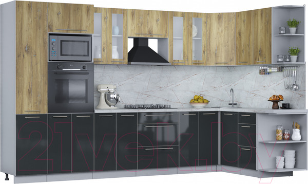 Изображение товара Кухонный гарнитур Интерлиния Мила Пластик 1.68x3.4 правая (дуб эпоксид/антрацит/серый каспий)