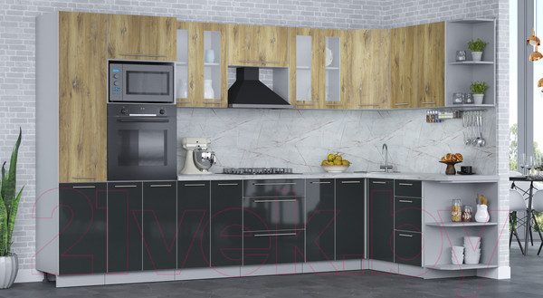 Изображение товара Кухонный гарнитур Интерлиния Мила Пластик 1.68x3.4 правая (дуб эпоксид/антрацит/серый каспий)