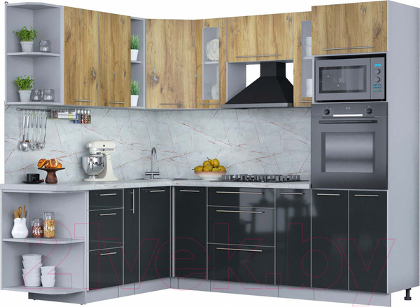 Изображение товара Кухонный гарнитур Интерлиния Мила Пластик 1.88x2.4 левая (дуб эпоксид/антрацит/серый каспий)