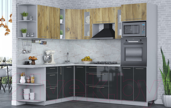 Изображение товара Кухонный гарнитур Интерлиния Мила Пластик 1.88x2.4 левая (дуб эпоксид/антрацит/серый каспий)