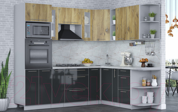 Изображение товара Кухонный гарнитур Интерлиния Мила Пластик 1.88x2.4 правая (дуб эпоксид/антрацит/серый каспий)