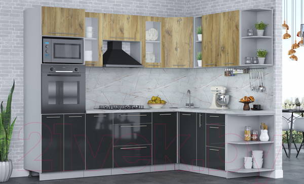 Изображение товара Кухонный гарнитур Интерлиния Мила Пластик 1.88x2.6 правая (дуб эпоксид/антрацит/серый каспий)