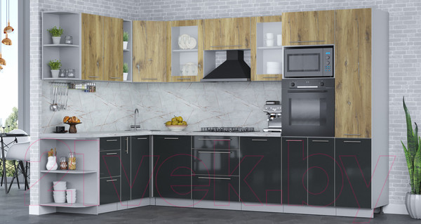 Изображение товара Кухонный гарнитур Интерлиния Мила Пластик 1.88x3.2 левая (дуб эпоксид/антрацит/серый каспий)