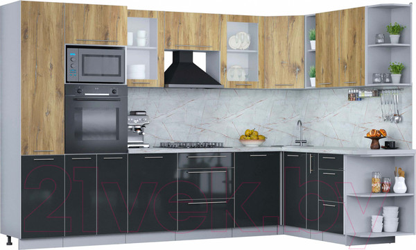 Изображение товара Кухонный гарнитур Интерлиния Мила Пластик 1.88x3.2 правая (дуб эпоксид/антрацит/серый каспий)