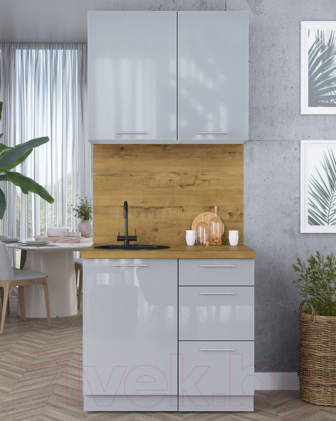 Изображение товара Кухонный гарнитур Интерлиния Мила Пластик 0.9 А (туманный глянец/туманный глянец/дуб бунратти)