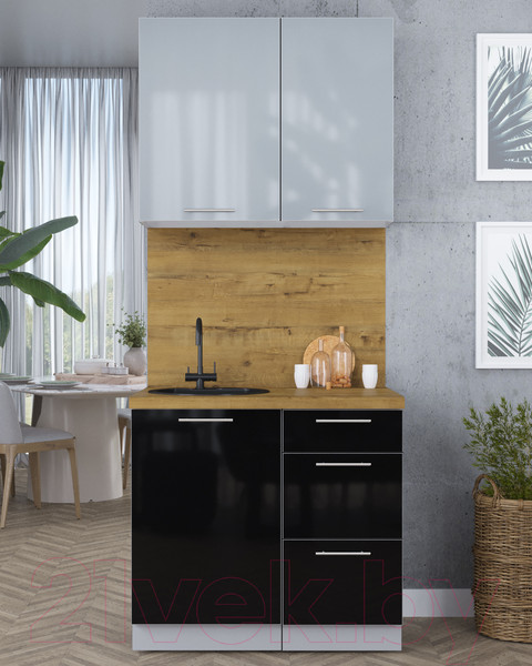 Изображение товара Кухонный гарнитур Интерлиния Мила Пластик 0.9 А (туманный глянец/черный/дуб бунратти)