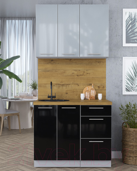 Изображение товара Кухонный гарнитур Интерлиния Мила Пластик 1.0 А (туманный глянец/черный/дуб бунратти)