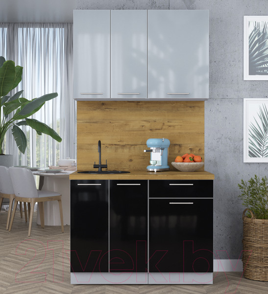 Изображение товара Кухонный гарнитур Интерлиния Мила Пластик 1.1 А (туманный глянец/черный/дуб бунратти)