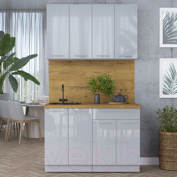 Изображение товара Кухонный гарнитур Интерлиния Мила Пластик 1.2 А (туманный глянец/туманный глянец/дуб бунратти)