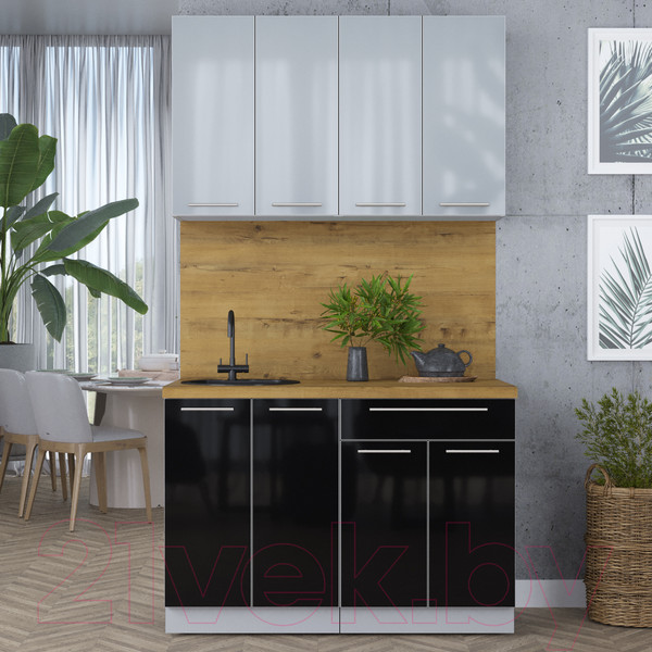 Изображение товара Кухонный гарнитур Интерлиния Мила Пластик 1.2 А (туманный глянец/черный/дуб бунратти)