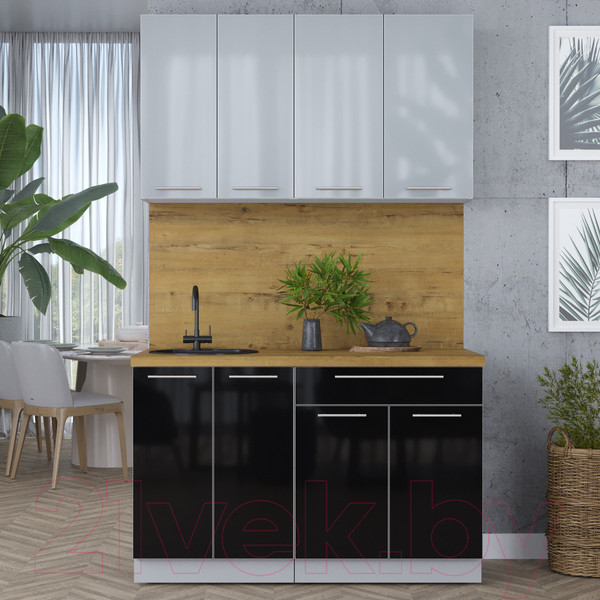 Изображение товара Кухонный гарнитур Интерлиния Мила Пластик 1.3 А (туманный глянец/черный/дуб бунратти)