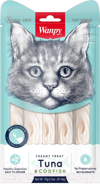Изображение товара Лакомство для кошек Wanpy Cat Нежное пюре из тунца и трески (5x14г)