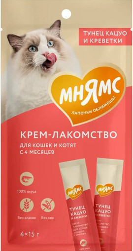 Изображение товара Лакомство для кошек Мнямс Крем-лакомство с тунцом Кацуо и креветками / 540690 (4x15г)