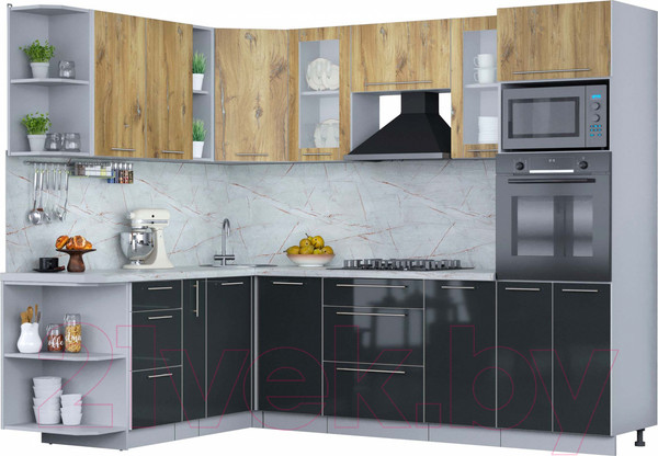 Изображение товара Кухонный гарнитур Интерлиния Мила Пластик 1.88x2.6 левая (дуб эпоксид/антрацит/серый каспий)